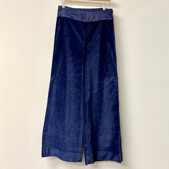 Frances Valentine Velour High Waisted Wide Leg Tuxedo Pants Navy Women's Size 6 - Picture 2 of 5